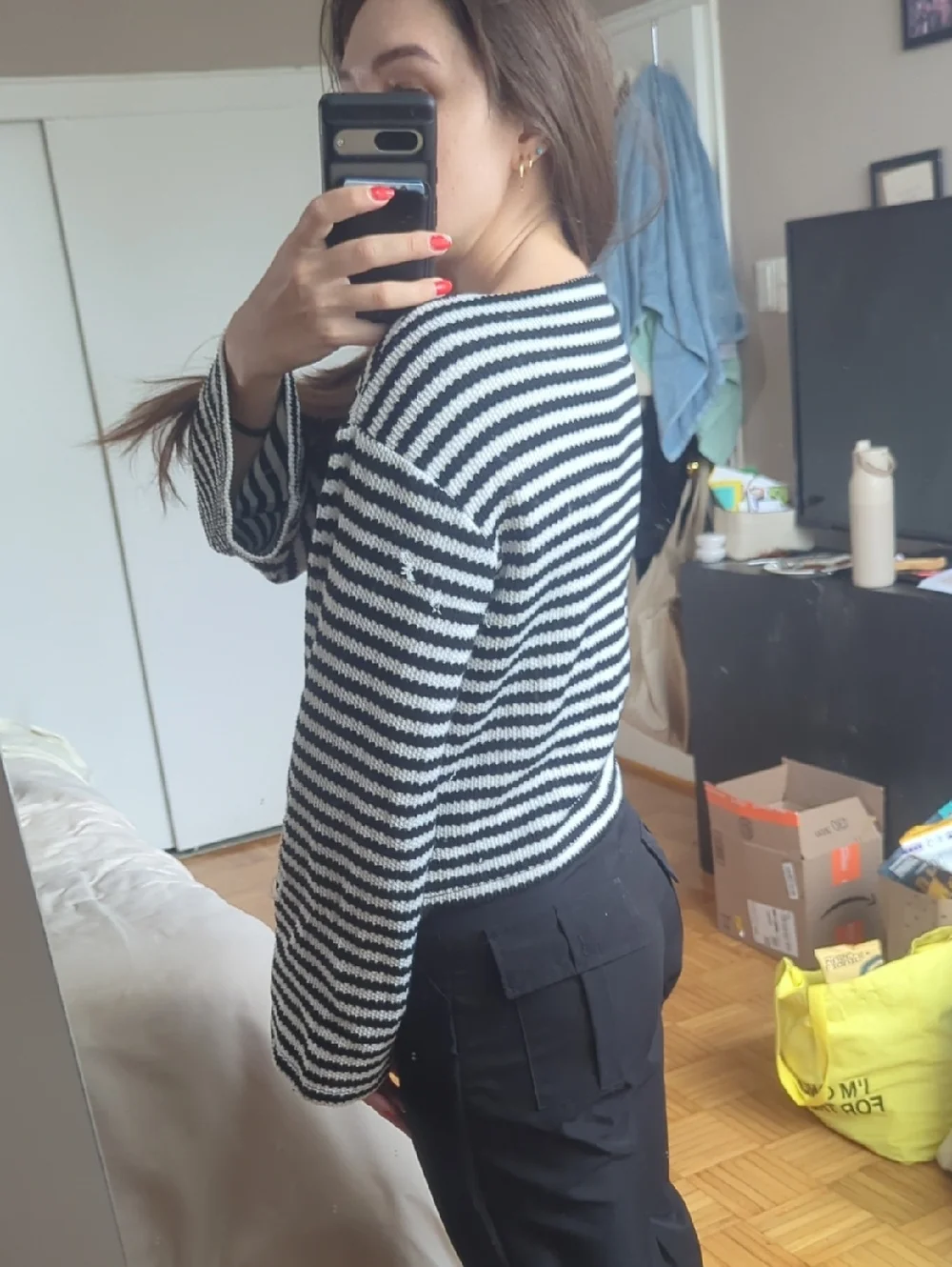 Striped Black & White Boatneck Sweater Top - Women - Picture 3 of 5